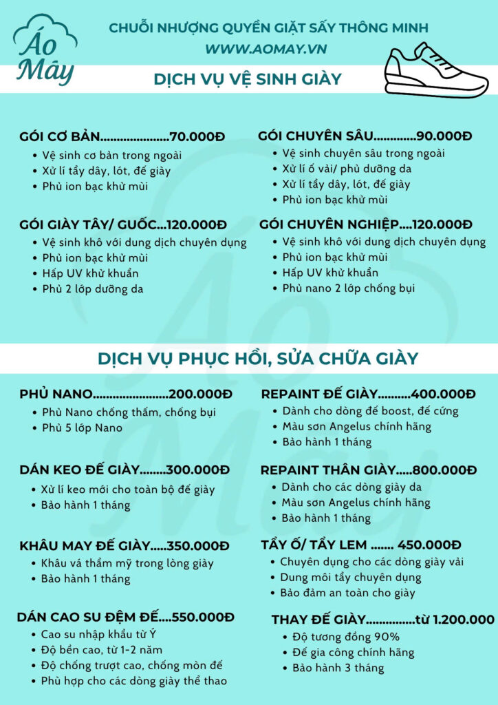 Bảng giá dịch vụ giặt giày - phục hồi sửa chữa giày