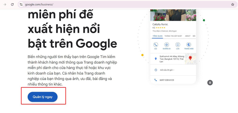 Nhấn vào quản lý ngay