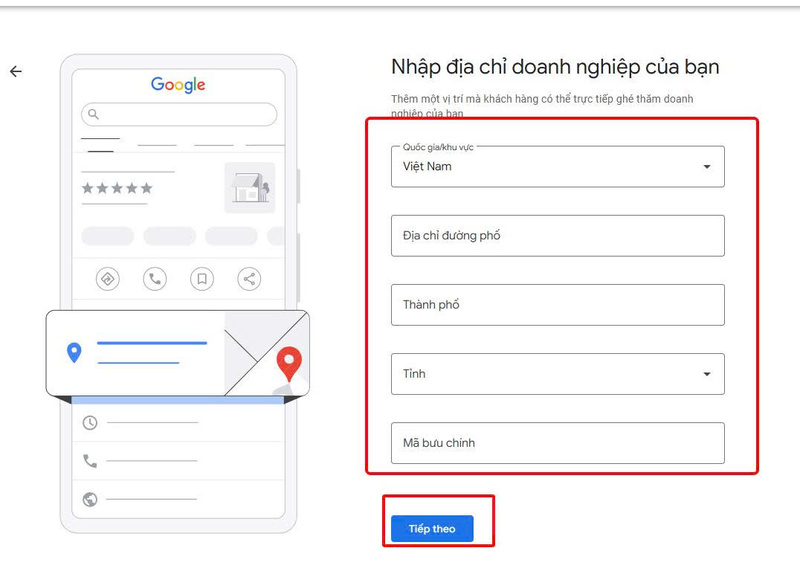 Điền thông tin và nhấn tiếp tục