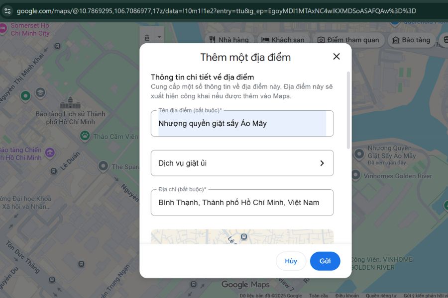 Điền thông tin tiệm giặt giũ Áo Mây vào